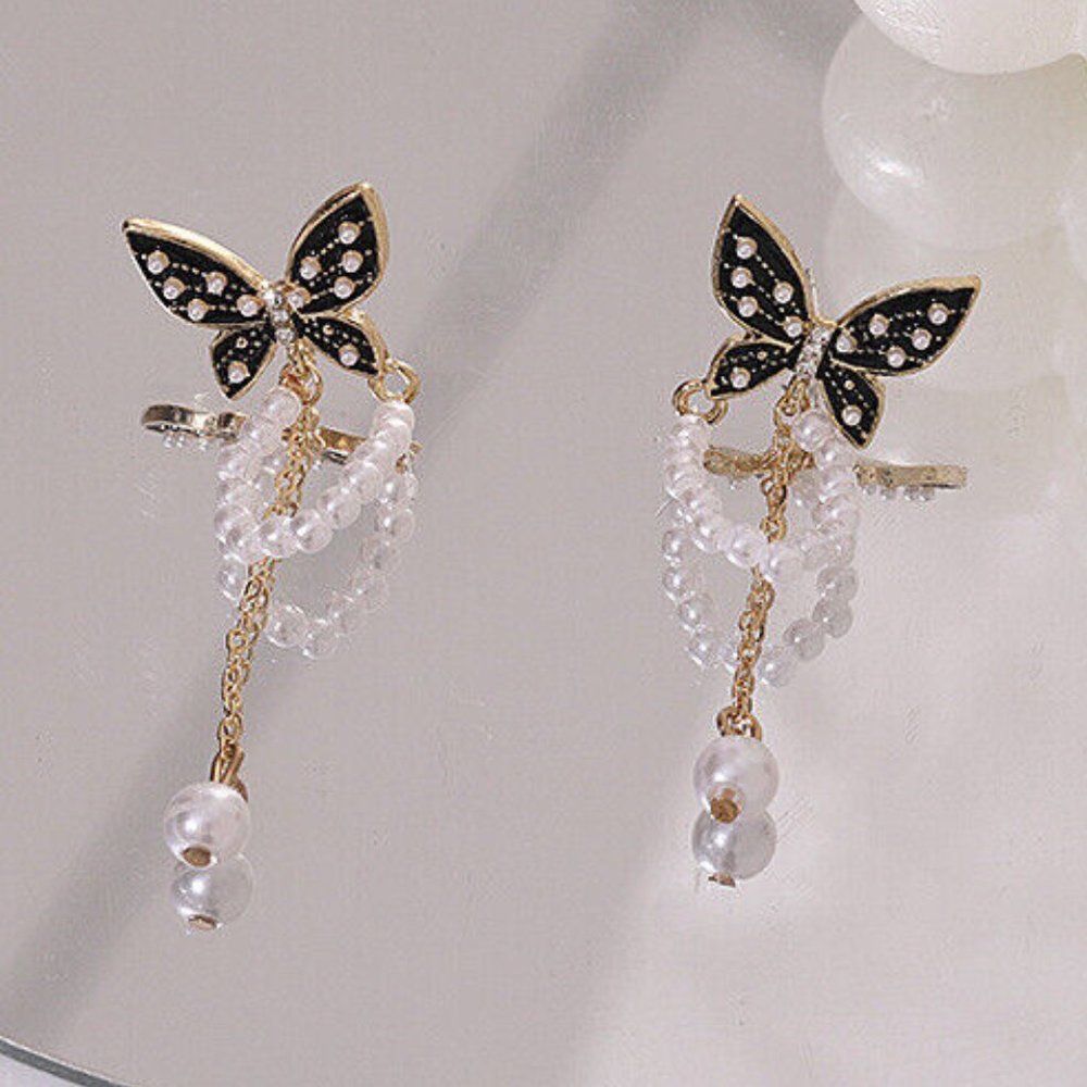 Gold Black Enamel Butterfly Pearl Tassel Drop Dangle Stud Earrings Party Gift